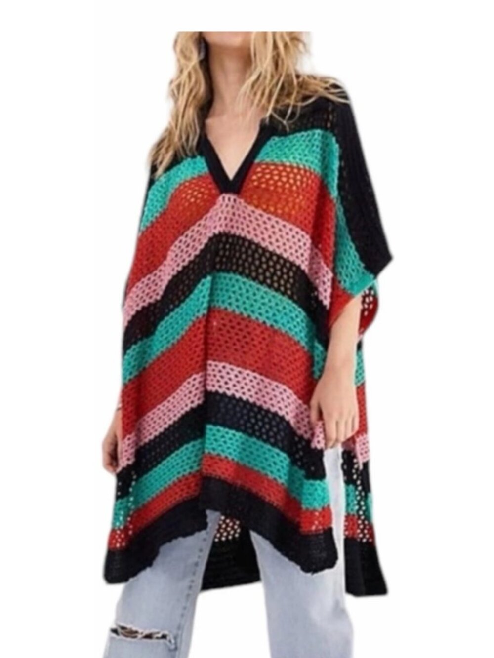 Free People Bayside striped Crochet Knit poncho With Collared V-Neck one size